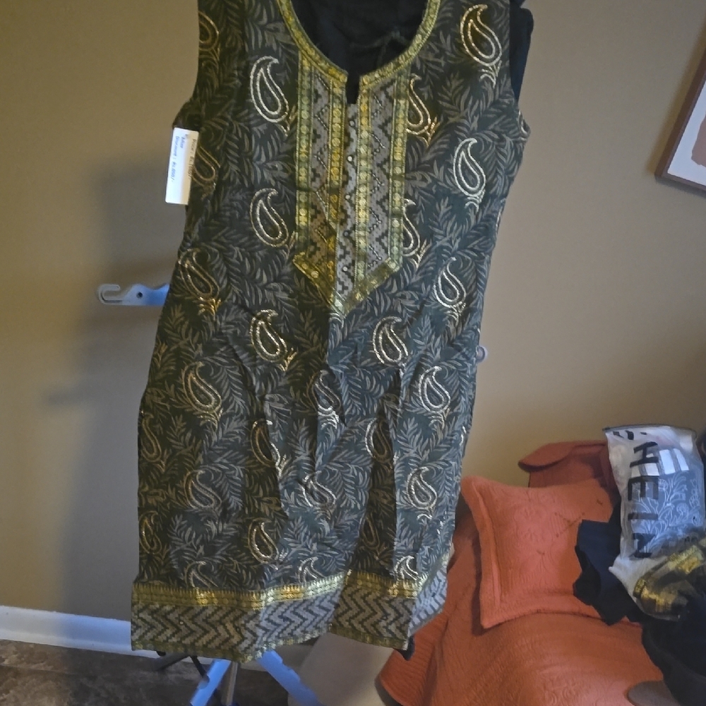 Olive Green Embroidered Sleeveless Women’s Traditional Indian Dress